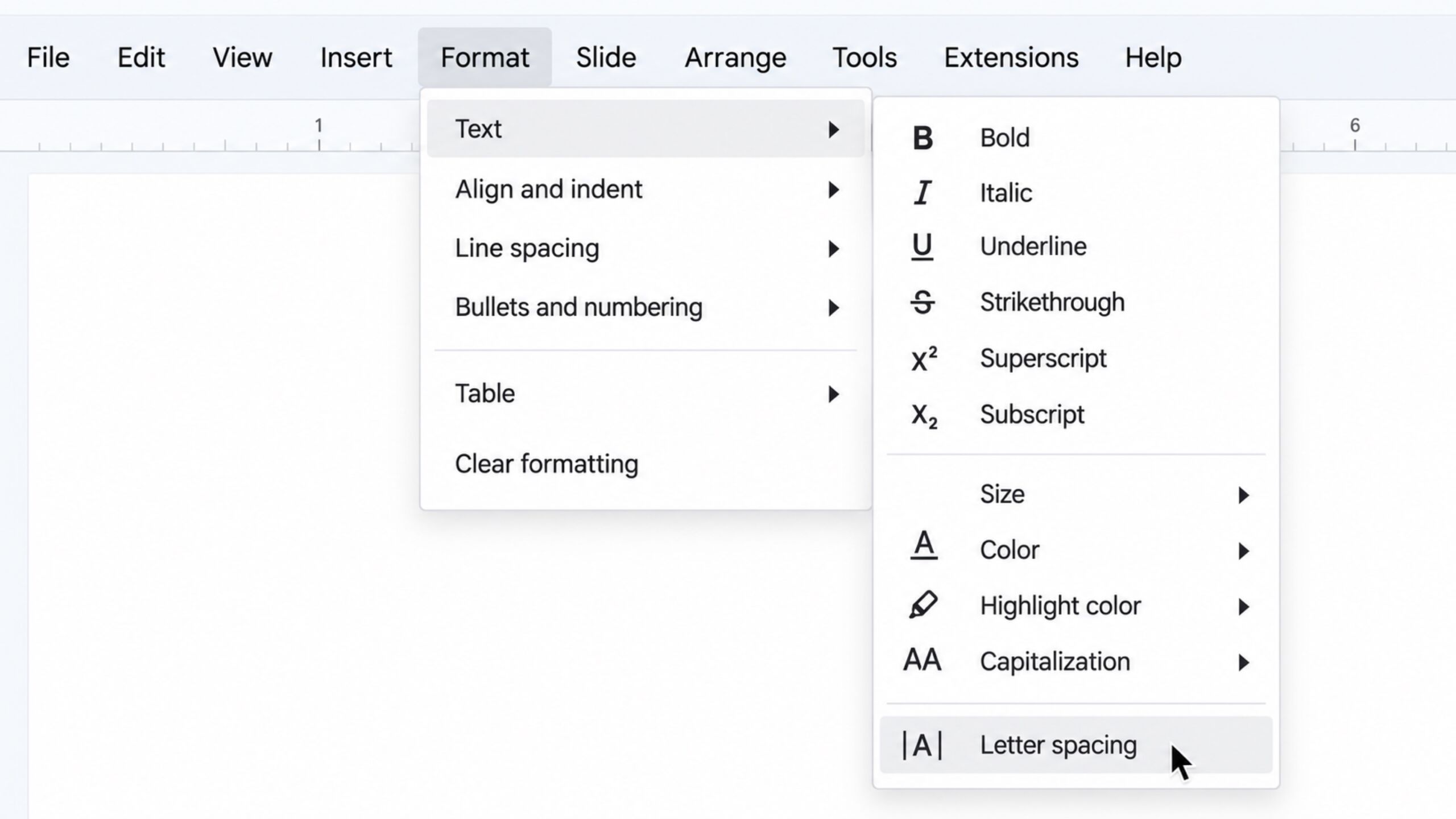 Format and Text menus showing the Letter spacing option.