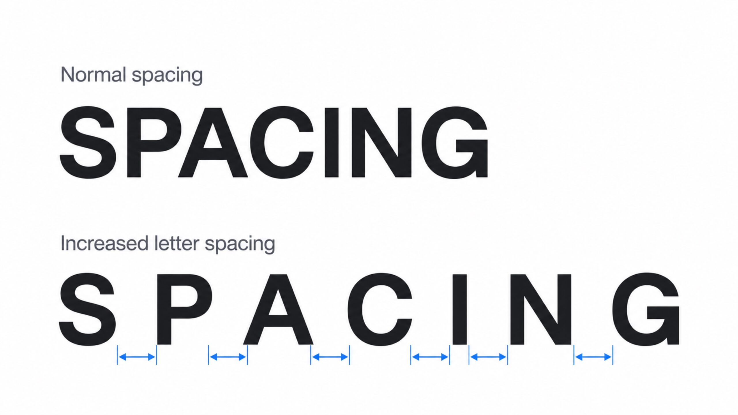 The word SPACING shown with normal spacing and increased letter spacing, with arrows marking wider gaps.